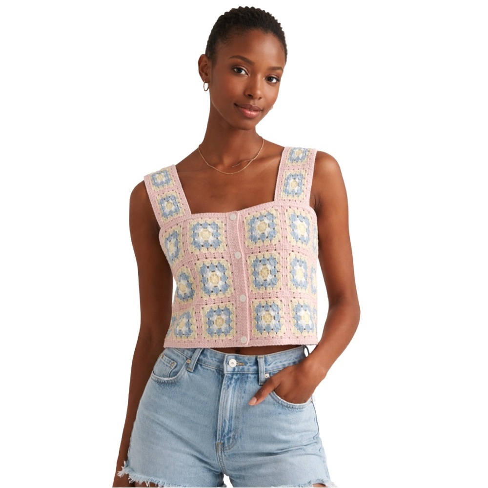 NWT Sunday Stevens Teresa Crochet Crop Top– Cotton Pink Pastel Granny Square ✨